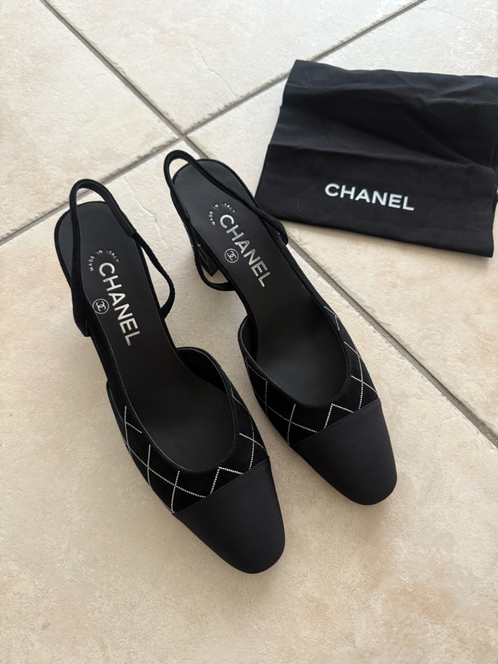CHANEL Black Quilted Slingback Pumps with Contrast Stitching size 38C